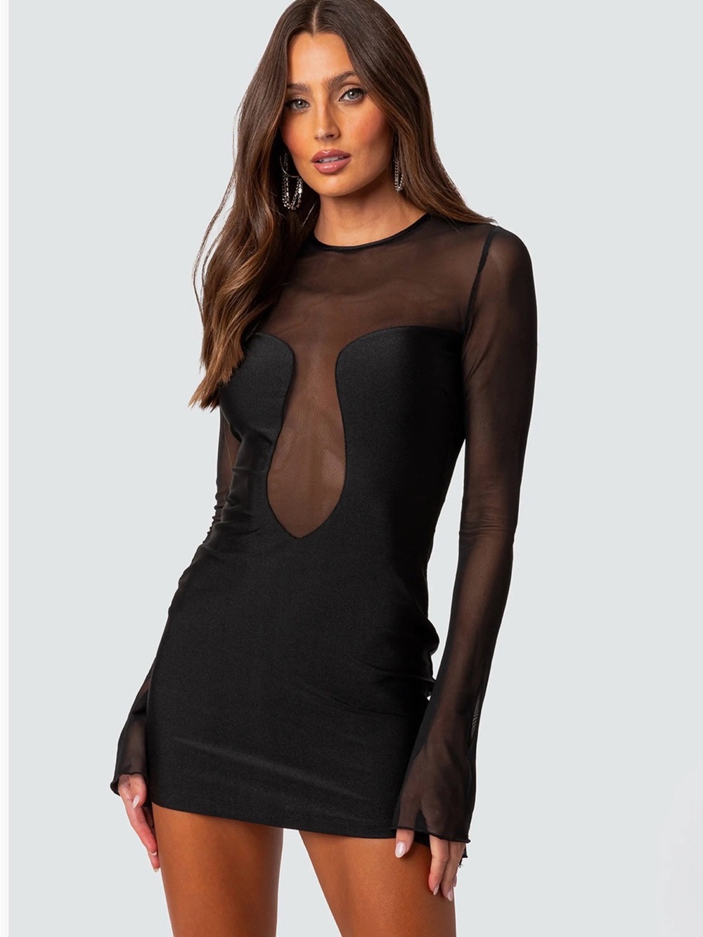 Edikted Black Sheer Long Sleeve Mini Dress Size Small NWT